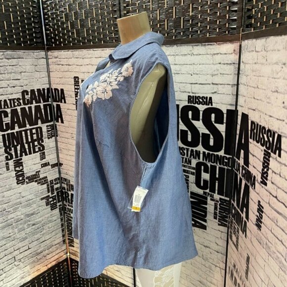 Karen Scott 3X Floral Button Sleeveless Shirt - Picture 5 of 6